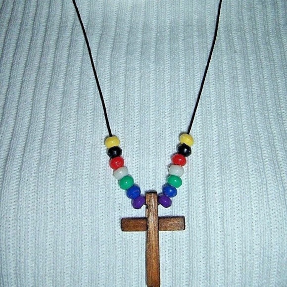 Vintage Wooden Cross Beaded Faith Necklace
